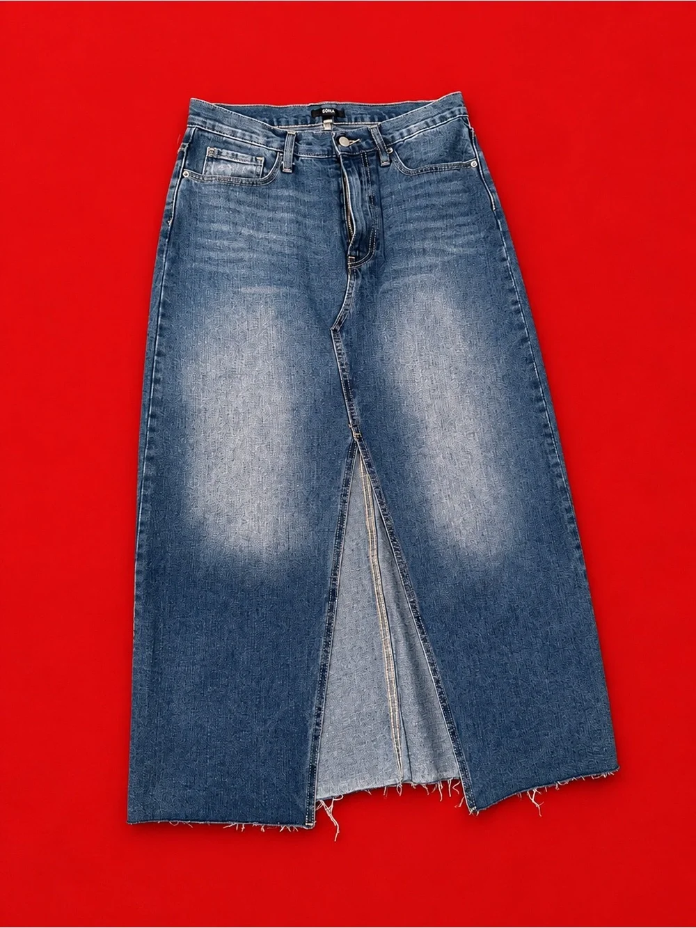 Aqua Blue Washed Denim Pencil Skirt with Front Slit